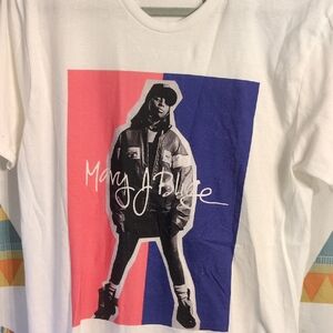 White Short-Sleeve Graphic Tee with Pink & Blue Photo Panel